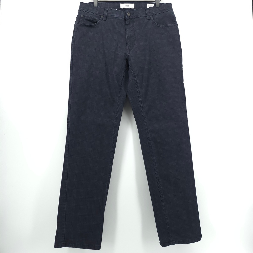 Brax Mens Pants Cooper Fancy 36x34 Navy Blue Plaid Regular Fit Trousers